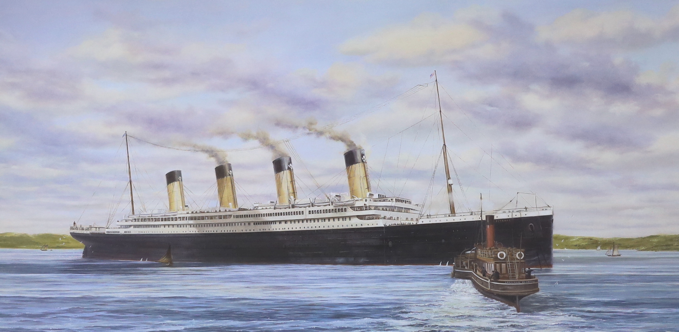 Simon Fisher, colour print, 'The Titanic at Queenstown', signed in pencil by the artist and two survivors, limited edition 465/500, 43 x 77cm